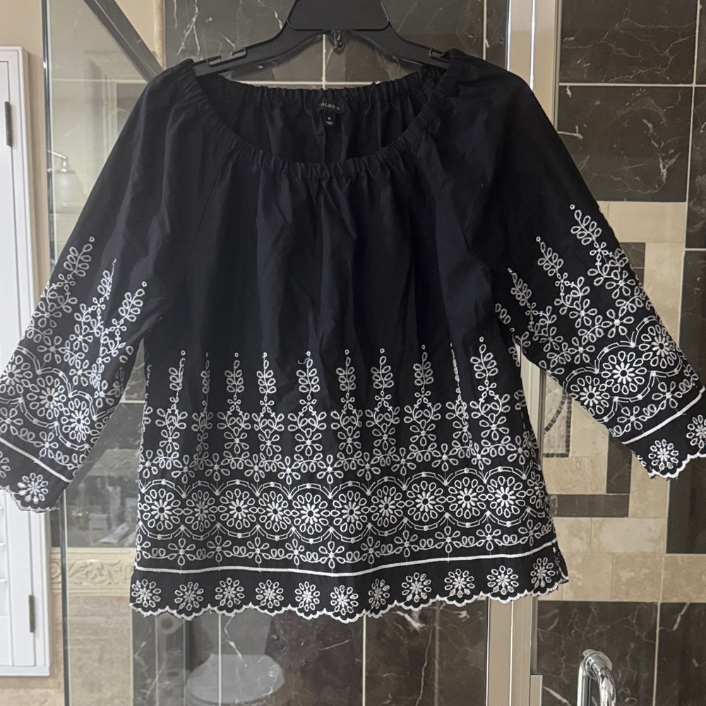 Talbots Black Blouse with White Floral Embroidery